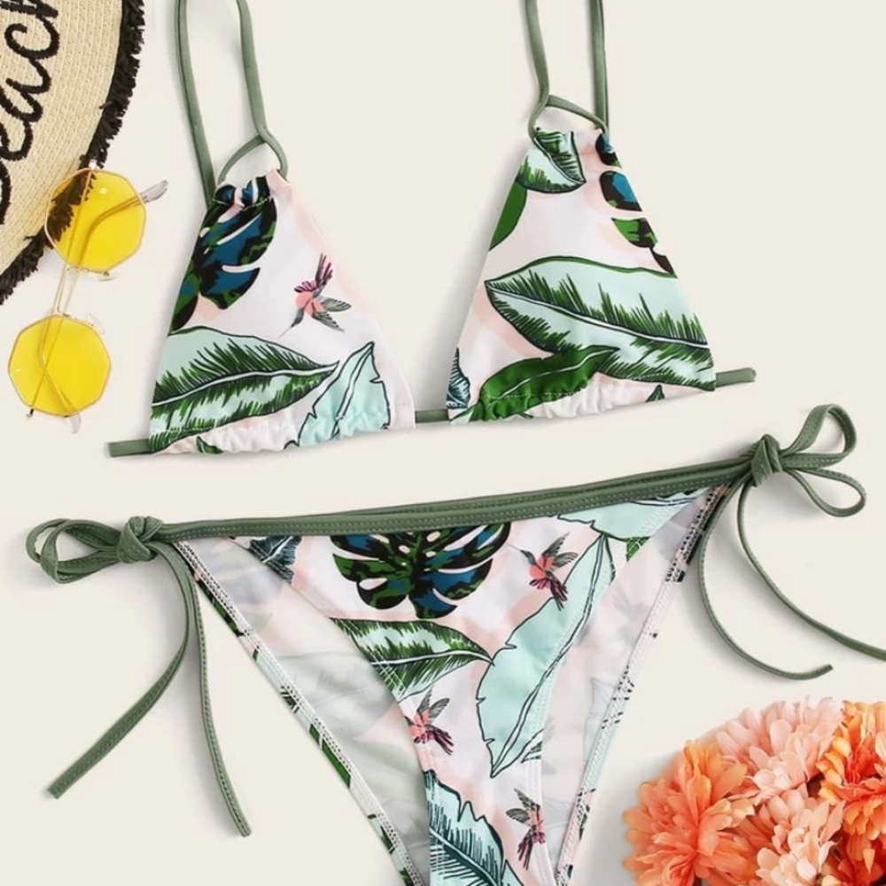 Leaf Print Top with Tie Side Bikini Set